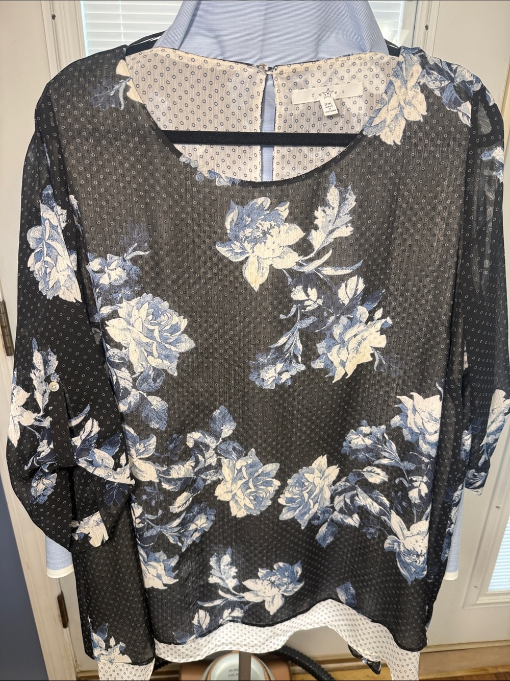 Chaus Black Sheer Blouse with Blue & White Floral Pattern